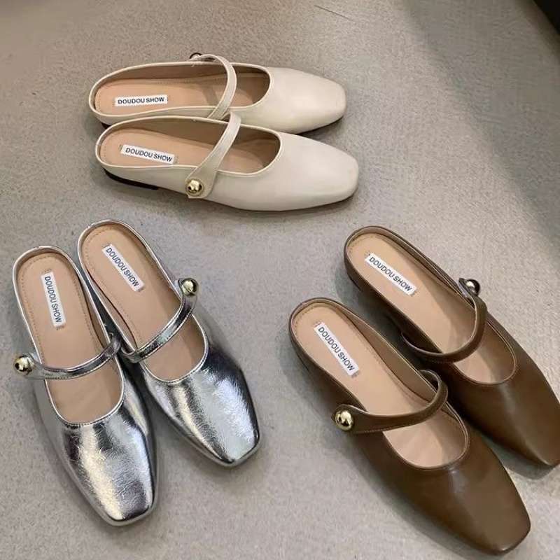Flat-bottomed bag head half slippers women's summer wear 2025 new one-pedal silver single shoes pregnant women cool slippers Muller shoes