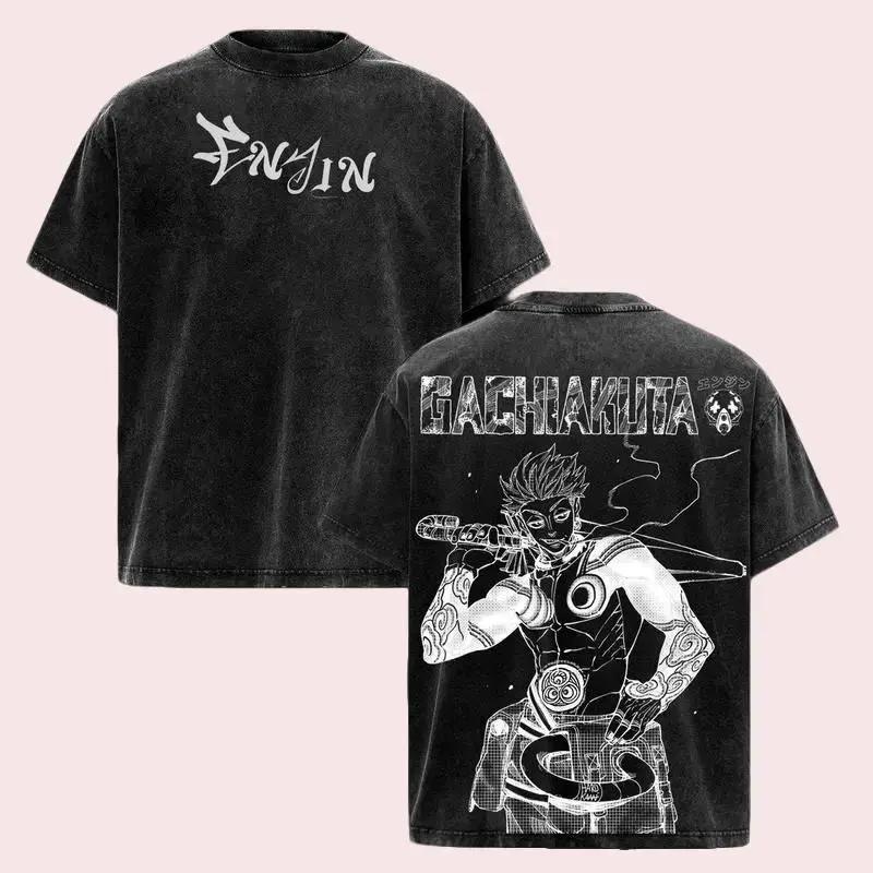 Enjin Print T-shirt GACHIAKUTA Anime Clothing Men Women Short Sleeve Cotton Tshirts Retro Washed Tee Harajuku Oversized T Shirt