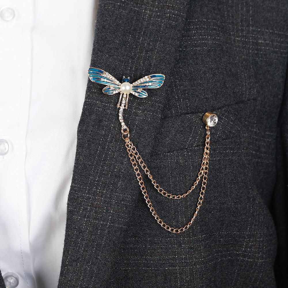 Wersja Koreańska Piękna Broszka Ważka Inkrustowana Diamentami Wszechstronna Agrafka do Kołnierzyka z Łańcuszkiem Klamra Spersonalizowana Korsarz Klamra do Kołnierzyka Przypinka Medal