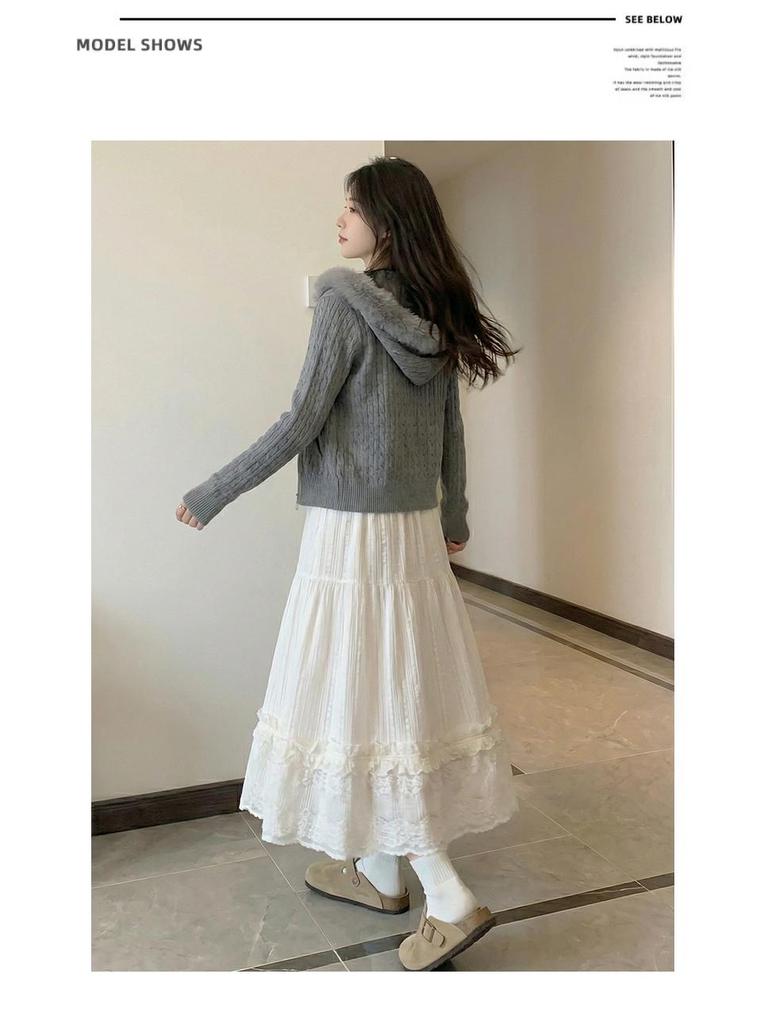 Women's White Lace High Waist A-line Umbrella Skirt - Mid-length Flare for Tall Figures