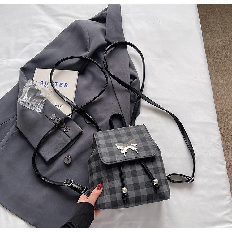 College Plaid Backpack Women's Casual Niche Design Butterfly Backpack Premium Handbag