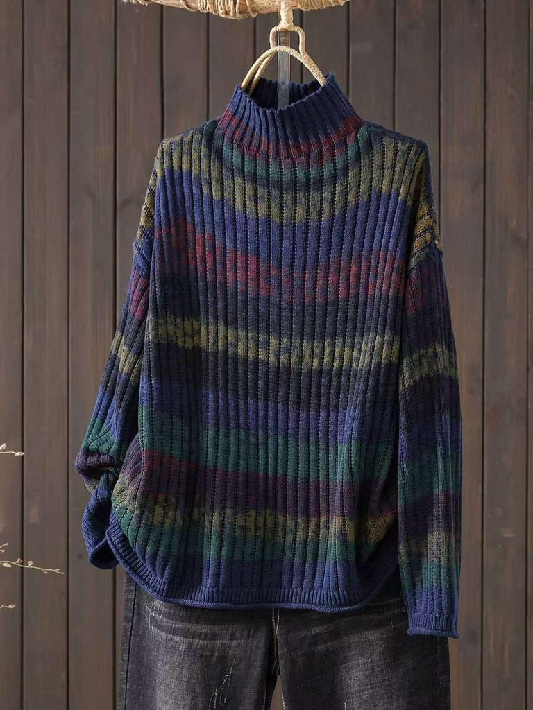 Johnature Women Vintage Striped Pullover Sweaters Mock Neck Long Sleeve Spring Long Sleeve Casual Sweaters