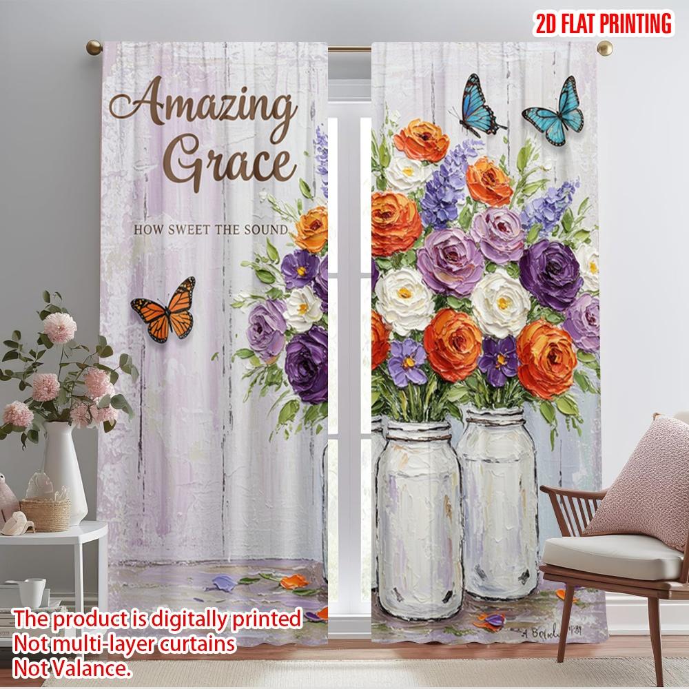 2pcs 2D Flat Printing Scene Curtains Amazing Grace Flower Butterflies Fabric Without Electricity Birthday Party Perfect for Home