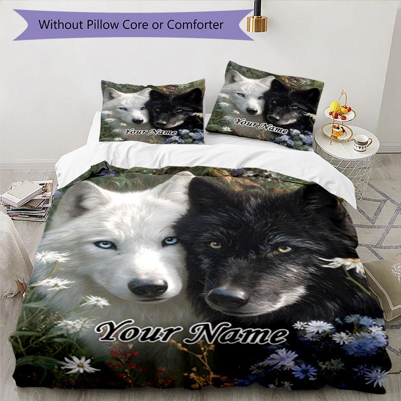 3PC Custom Name Wolf Pair Flowers Bedding Set Duvet Cover Closure Includes 1 Duvet Cover & 2 Pillowcases for Bedroom