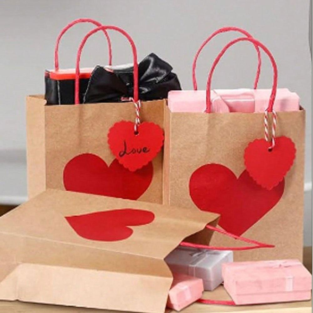 10/12pcs Red Heart Kraft Kraft Paper Gift Bags Handheld Candy Packaging Bag Wedding Party