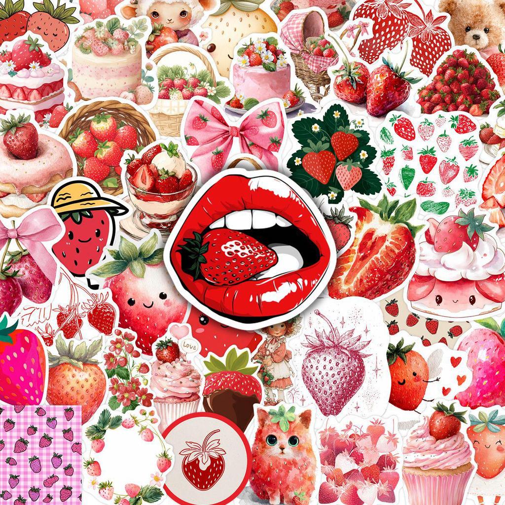 50 Pink Strawberry Dessert Stickers for Water Bottle & Phone Decoration - Waterproof & Cute
