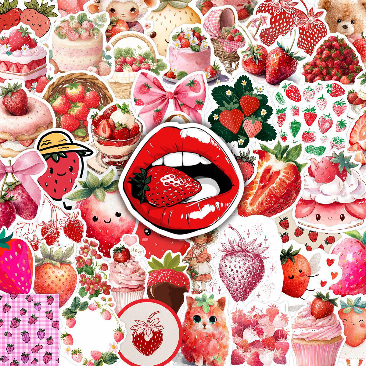 50 Pink Strawberry Dessert Stickers for Water Bottle & Phone Decoration - Waterproof & Cute No