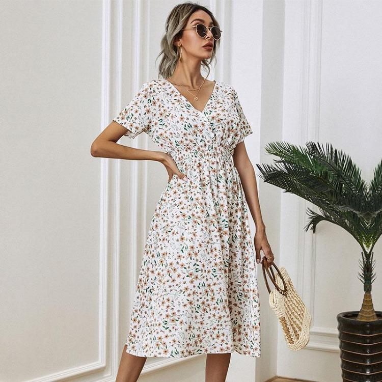Women Summer Fall Casual Floral Print V-neck Short Sleeve High Waist Slim A-Line Long Dress S-XL