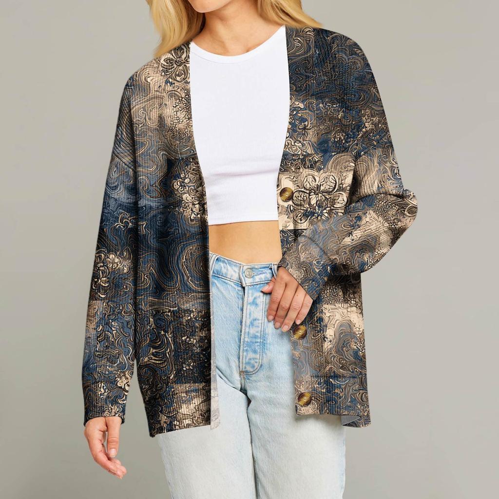 Women's Fashion Long Sleeve Christmas Print V-Neck Button Loose Cardigan Top