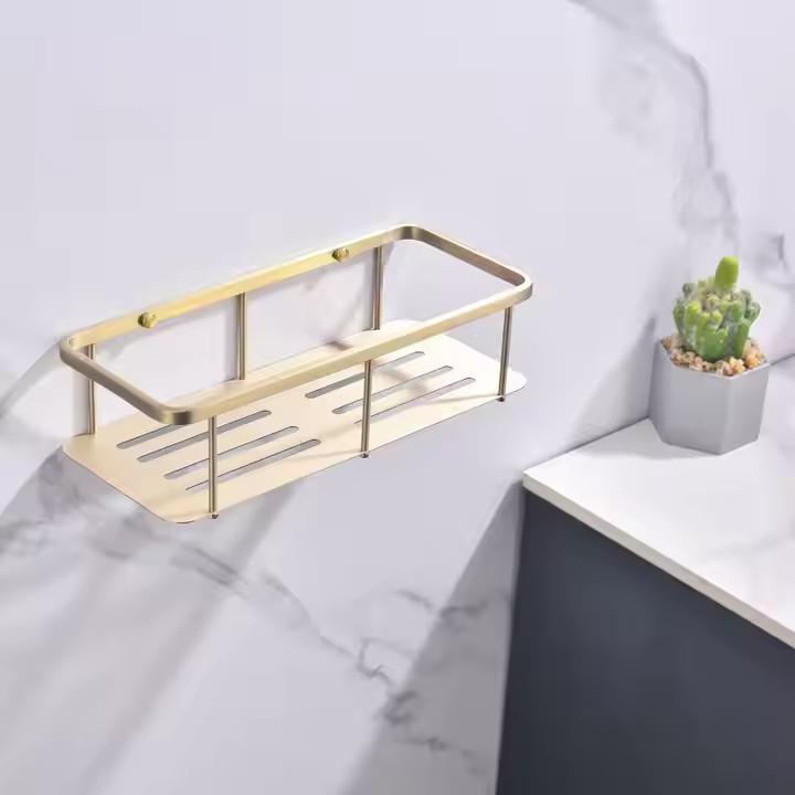 Dual-Tier Wall Mounted Stainless Steel Bathroom Organizer Brushed Gold Kitchen Storage Rack Caddy Basket Corner Mounted Shelf