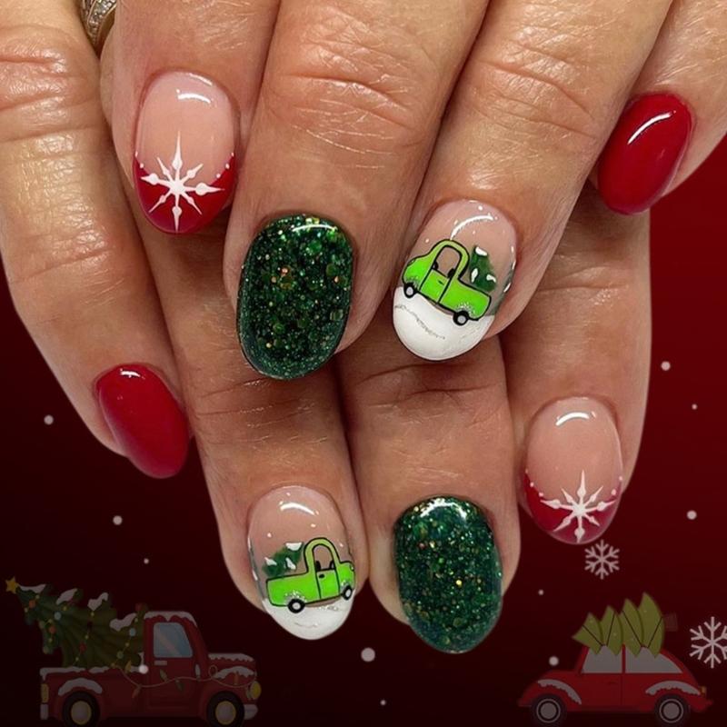 Plastic French Flash Press On Fingernail Short Oval False Fingernail With Snowflake Design For Women Gift Party Occasions