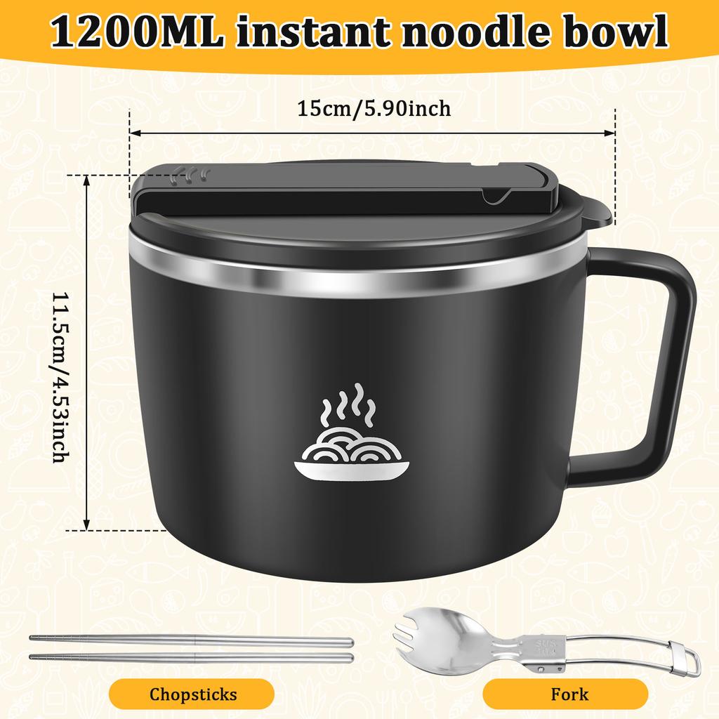 Stainless Steel Noodle Bowl Double Hollow Ramen Bowl 1200ml Large Capacity Instant Noodle Cup Good Sealing for Home Outdoor