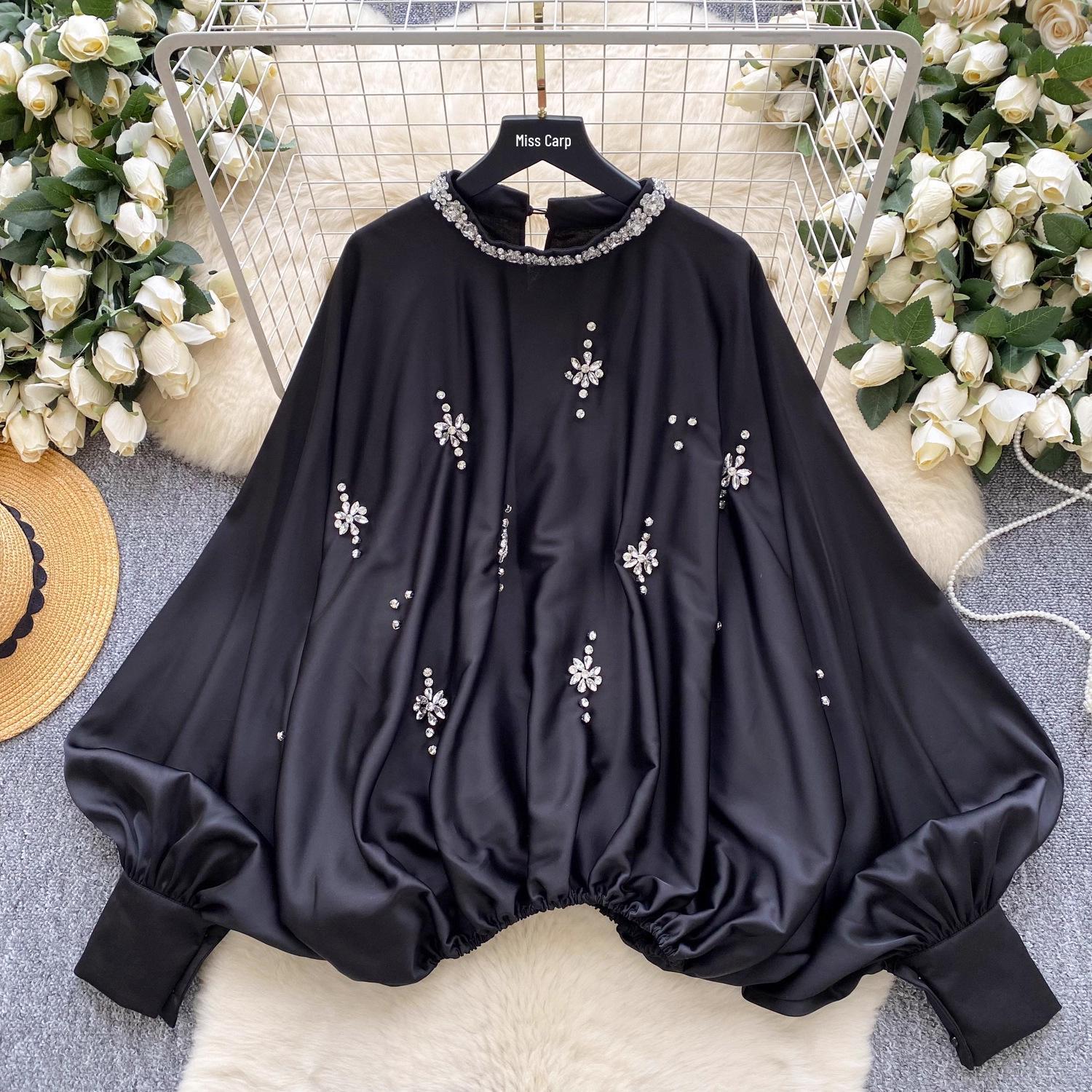 

European & American Heavy Rhinestone Lantern Sleeve Satin Top - Women s Autumn Loose Waist Top One Size чёрный