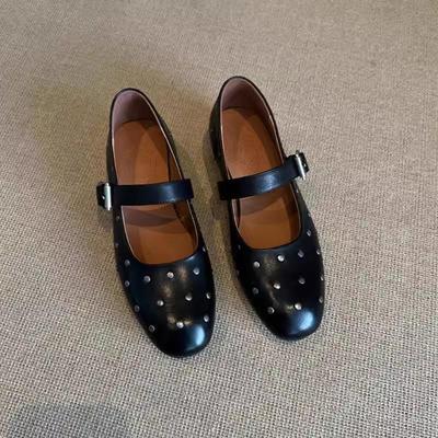 Rindleder Schuhe Französische Mary Jane Schuhe Damen vielseitig Leder runde Spitze mit Nieten flacher Boden flacher Ausschnitt Einzelne Schuhe