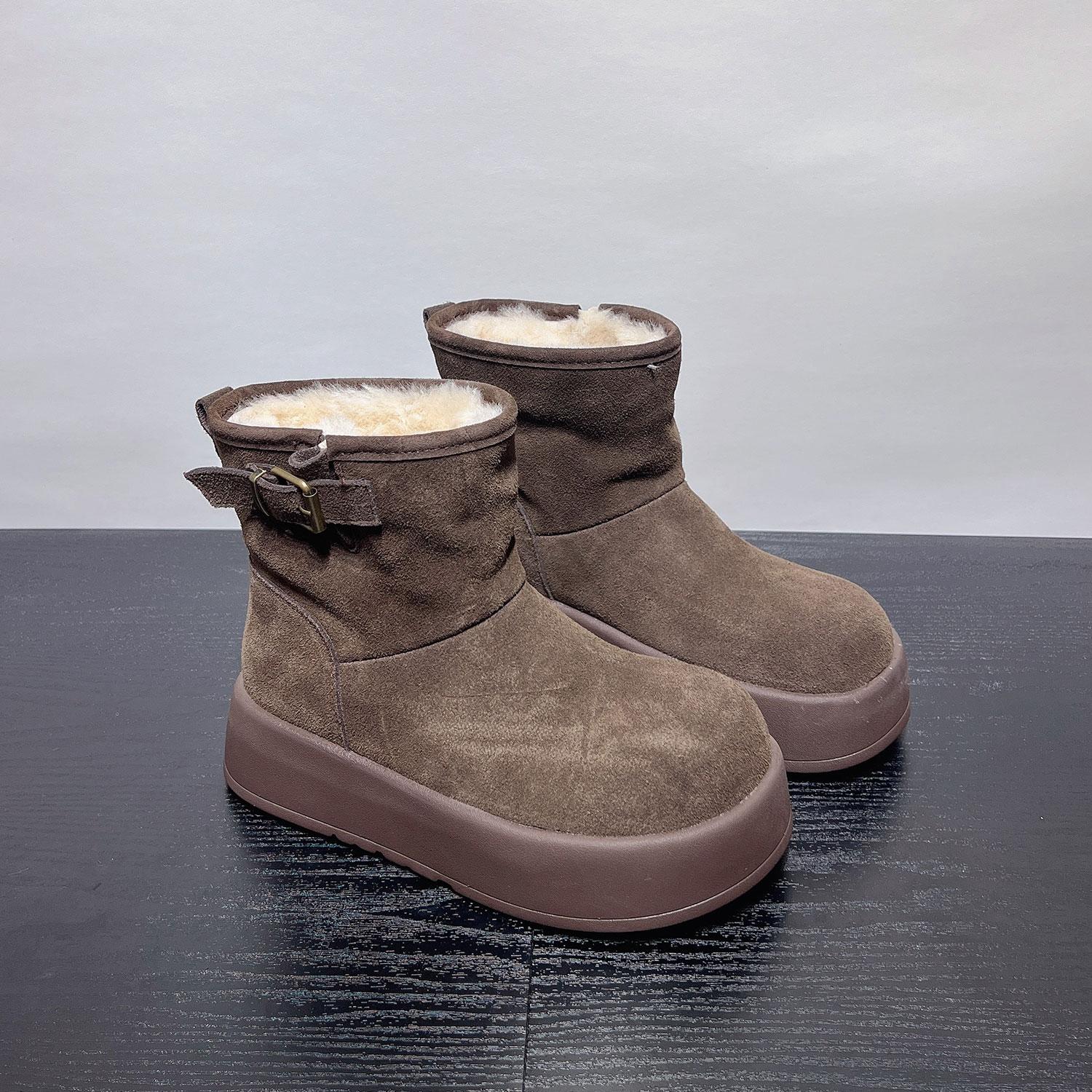Коричневые женские зимние кожаные ботинки на платформе, короткие ботинки, новые бархатные утепленные термохлопковые ботинки для женщин 35