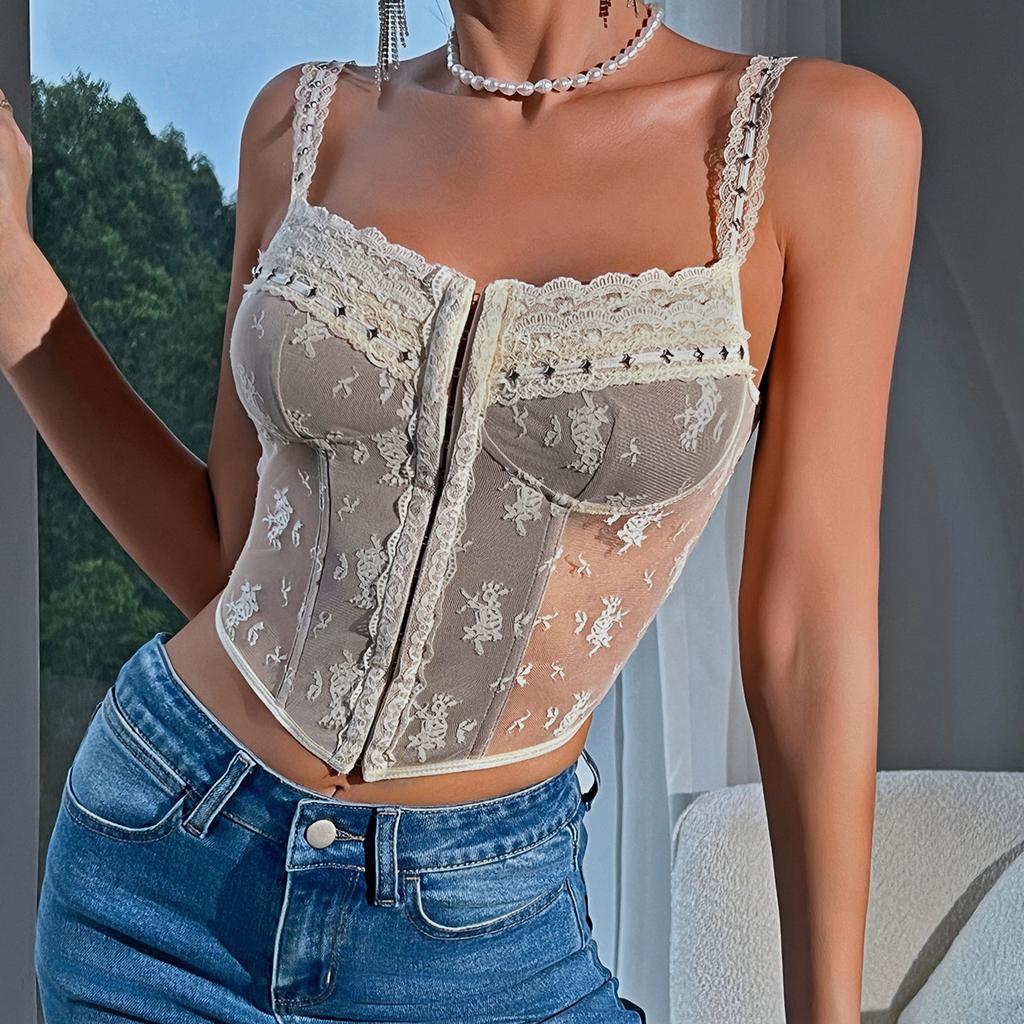 French Sexy Suspender Lace Ins Style Patchwork See Through Women’s Vests & Waistcoats