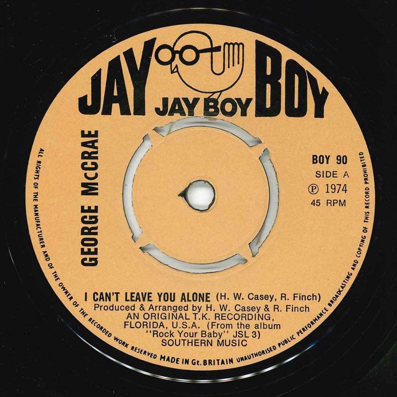 

7-дюймовая пластинка GEORGE MCCRAE I Cant Leave You Alone BOY90 Jay Boy 1974 UK SoulFunk Б/у
