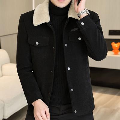 Men Jacket Coat Solid Color Lapel Button Closure Casual Jacket Thickened