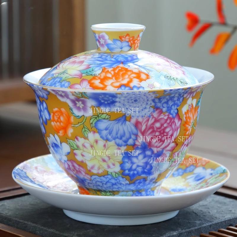 

Ceramic enamel covered bowl Chinese style high-end Kung Fu tea with lid Enamel teaset cup dink porcelain gaiwan