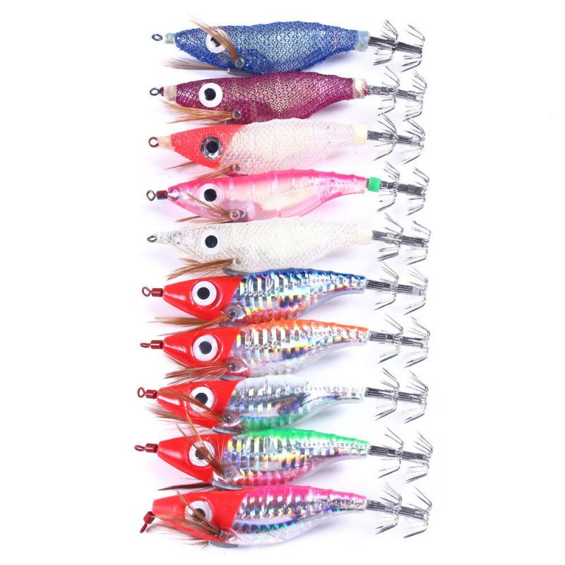 Luminous Simulated Wood Shrimp Lure Set10PCS 10CM9.1GSquid Needle Sea Fishing Lure Box Set