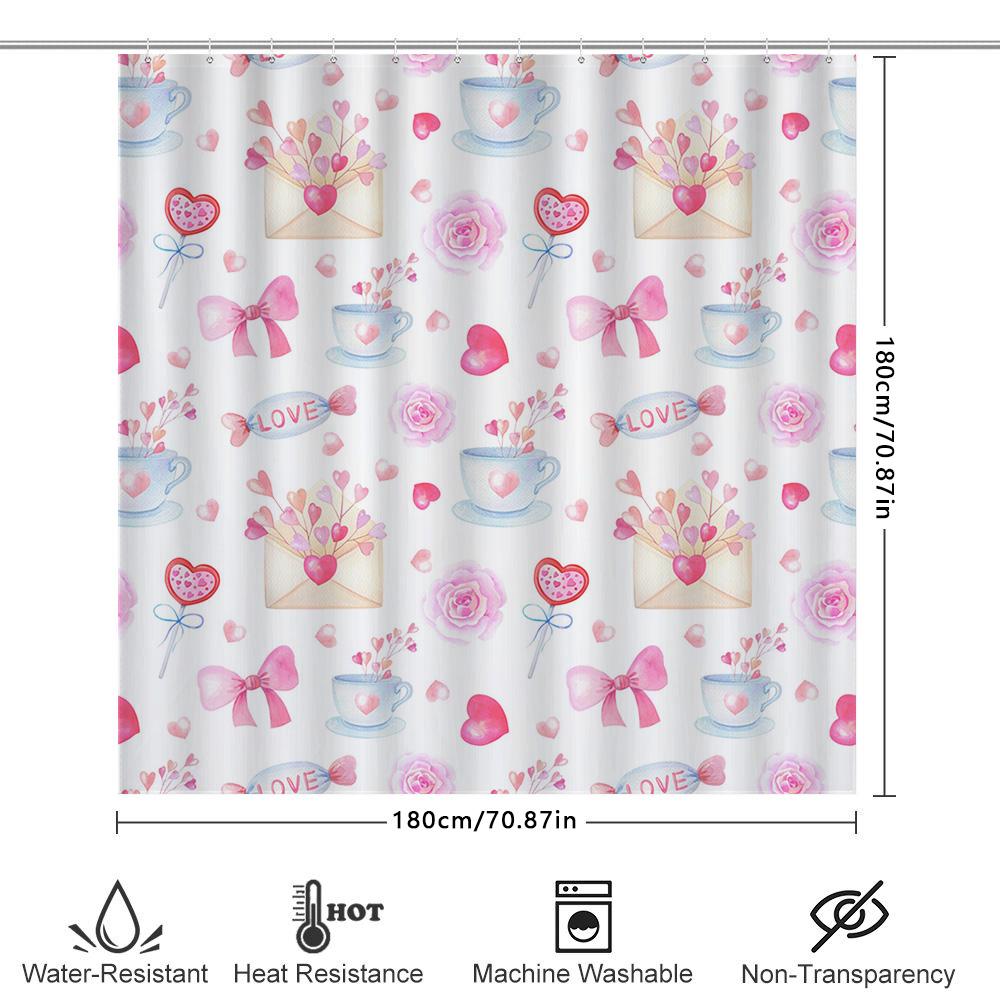 Romantisches Aquarell-Duschvorhang-Set Für Badezimmer-Dekoration Rosa Blumen Herzen Design Wasserdichtes Stoffmaterial Mit Haken Inklusive