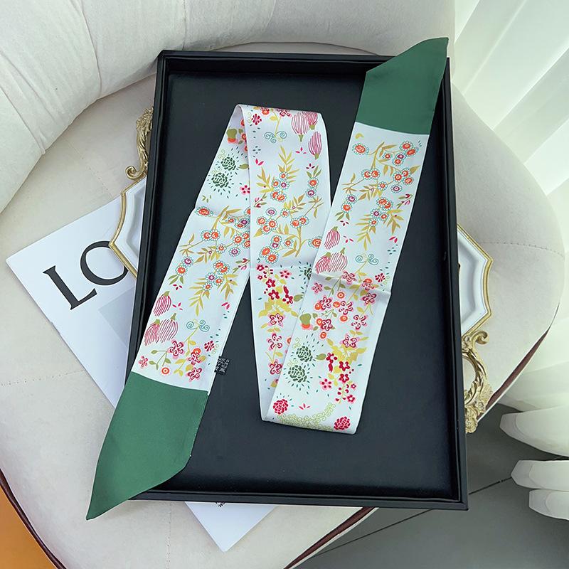 New pastoral small fresh flower pattern long diagonal silk scarf, French headband sweet versatile neck streamer 100cm
