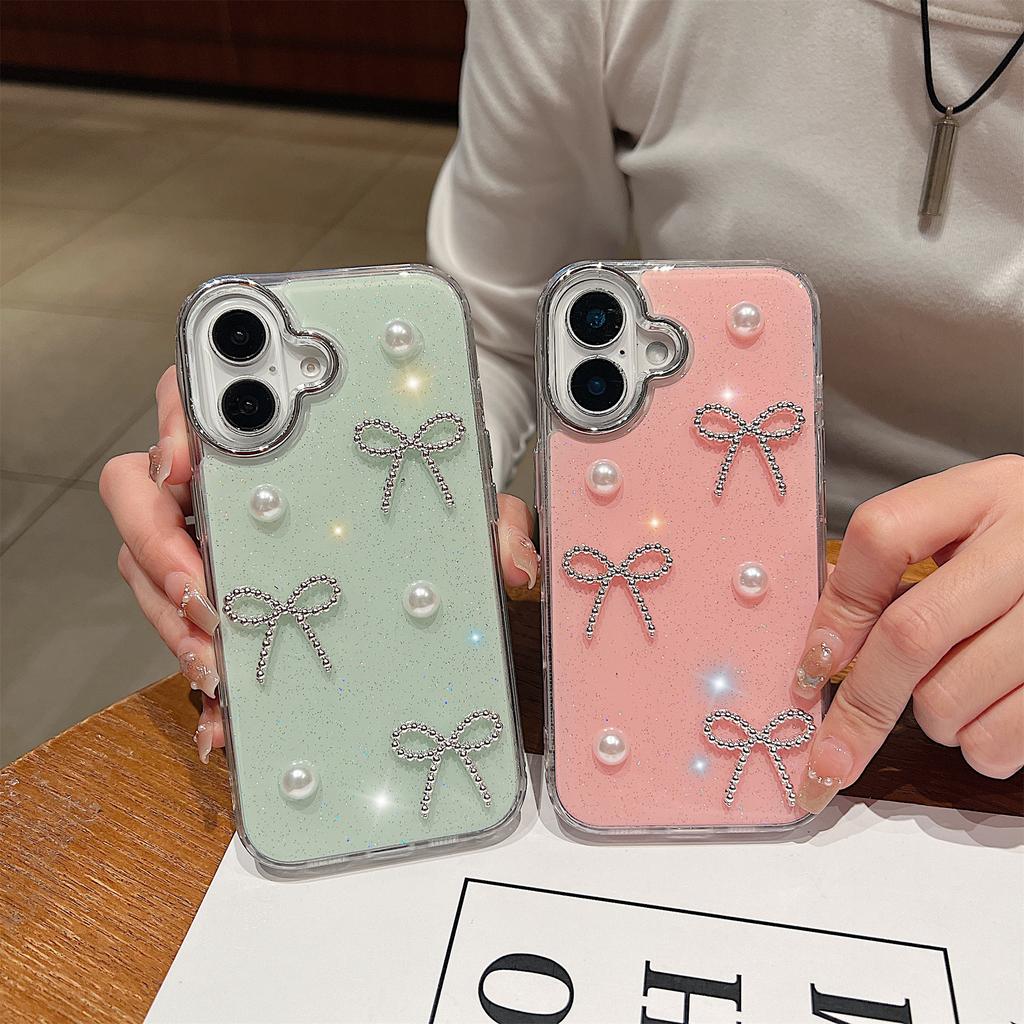 For iPhone 16 Plus Case Pearl Bow Epoxy Design TPU+PC Phone Back Cover