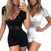 Women Jumpsuit Solid Color Hidden Zipper Slim Fit See-through Lace Summer Romper Party Clothes