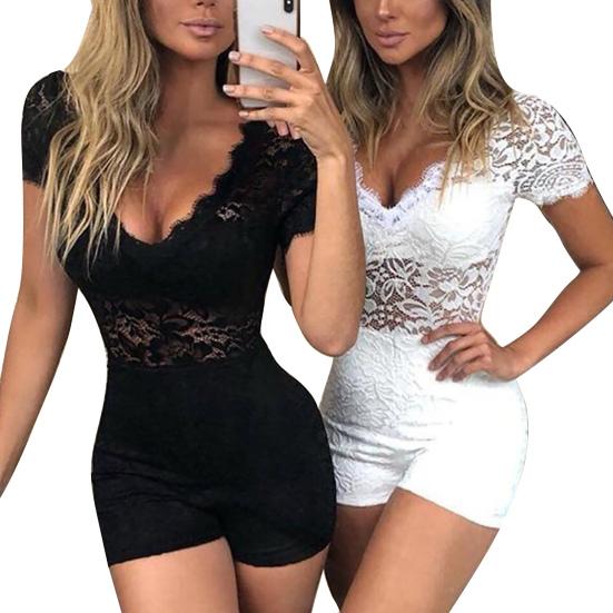 Women Jumpsuit Solid Color Hidden Zipper Slim Fit See-through Lace Summer Romper Party Clothes