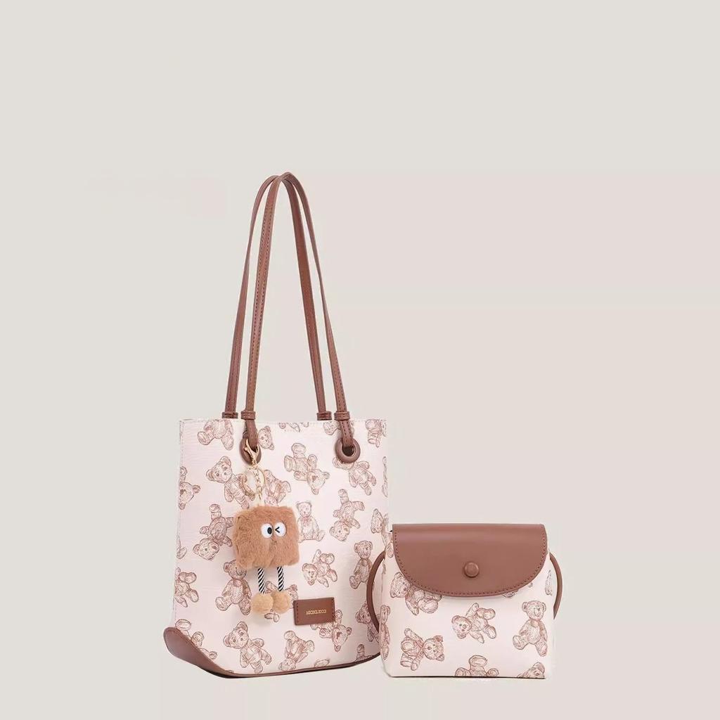 Tote Bag Stylish Cartoon Bear Print Shoulder Bag Everything Commuter Bucket Bag