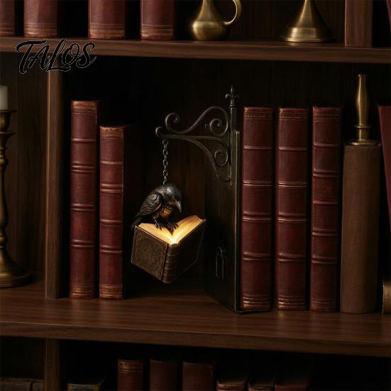Luminous Pendant Desk Lamp Gothic Metal Bookends with Hanging Light, Cat Raven Ghost Decorative Retro Wrought Iron Book Ends Bookshelf Lamp,