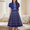 ZANZEA Women Print Casual Summer Stand Collar Short Sleeve Dress
