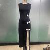 Women Evening Party Sleeveless O Neck Sexy Bowknot Split Package Hip One Piece Dress
