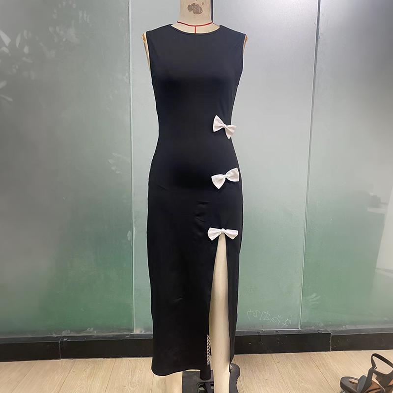 Women Evening Party Sleeveless O Neck Sexy Bowknot Split Package Hip One Piece Dress