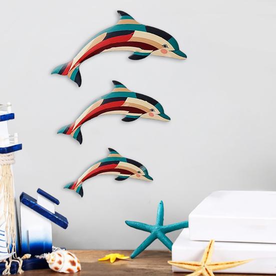3Pcs/Set Wooden Geometric Dolphin Wall Decoration Coastal Nautical Home Office Living Room Wall Hanging Ornament Rustic Sea Animal Wall Art
