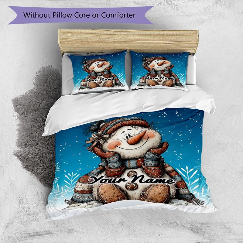 3PC Custom Name Snowman Winter Wonderland Bedding Set Printed Bedding Set Duvet Cover Closure Includes 1 Duvet Cover & 2 Pillowcases for All Seasons B