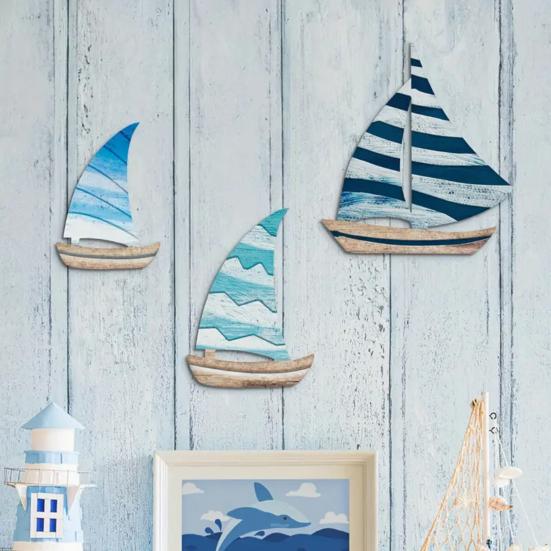 3Pcs/Set Wooden Sailing Boat Wall Decoration Farmhouse Rustic Sailboat Wall Art Home Bedroom Living Room Bathroom Wall Decorative Sign