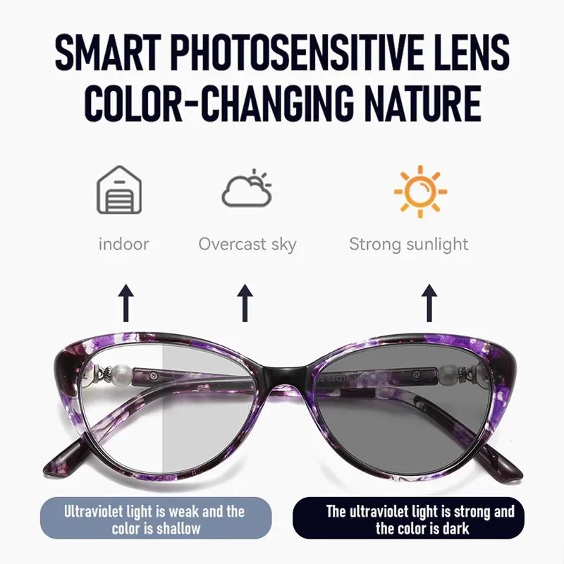 Finished Photochromic Reading Spectacles Female Cat Eye Multifocal Spectacles Colorful Spectacles for Hyperopia Diopter +1.0 to +4.0