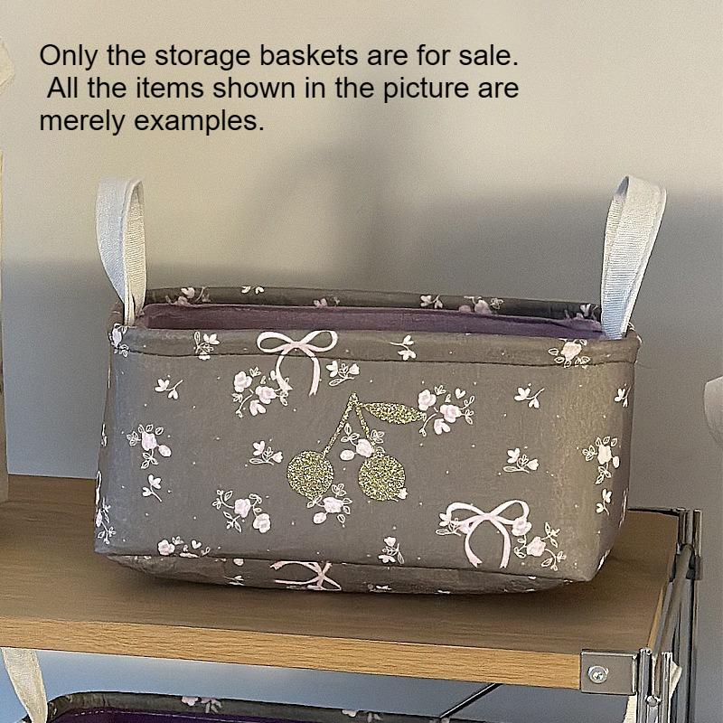 Pastoral Style Cherry Gold-Stamped Fabric Storage Basket Washable Foldable Odorless Desktop Storage Box Home