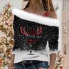 Women's Off Shoulder Furry Trim Long Sleeve T-Shirt Christmas Glitter Star 3D Print Elegant Winter Casual Top