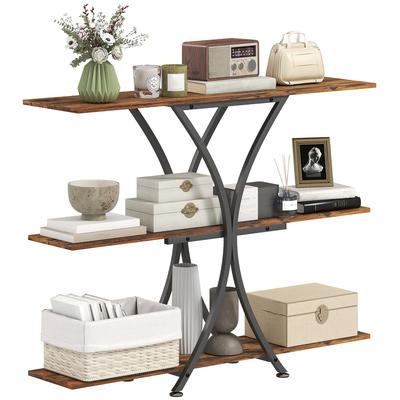 Console Table Sofa Table with 2 Open Shelves and X Metal Frame Industrial Style Rustic Brown