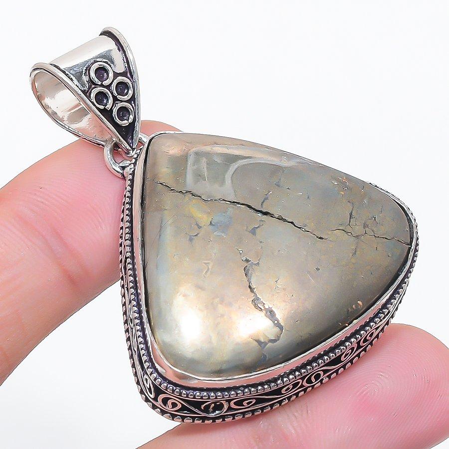 Pyrite Agate Gemstone 925 Sterling Silver Jewelry Pendant 2.01"