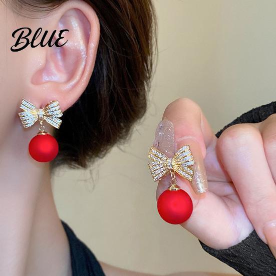 Women Ear Studs 1 Pair Earrings Rhinestone Bow Red Faux