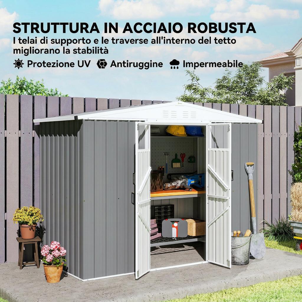 Garden Tool Shed in Galvanized Steel with 2 Doors, 246x117x180 cm, Light Grey