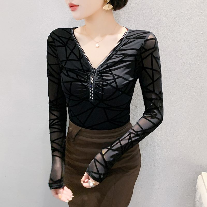 Άνοιξη Φθινόπωρο Νέα Σικ Φερμουάρ V-λαιμός Καυτά Διαμάντια Γυναικεία T-shirts Κομψή Ριγέ Φλοκ Λεπτή Διχτυωτή Μπλούζα Μακρυμάνικα Μπλουζάκια