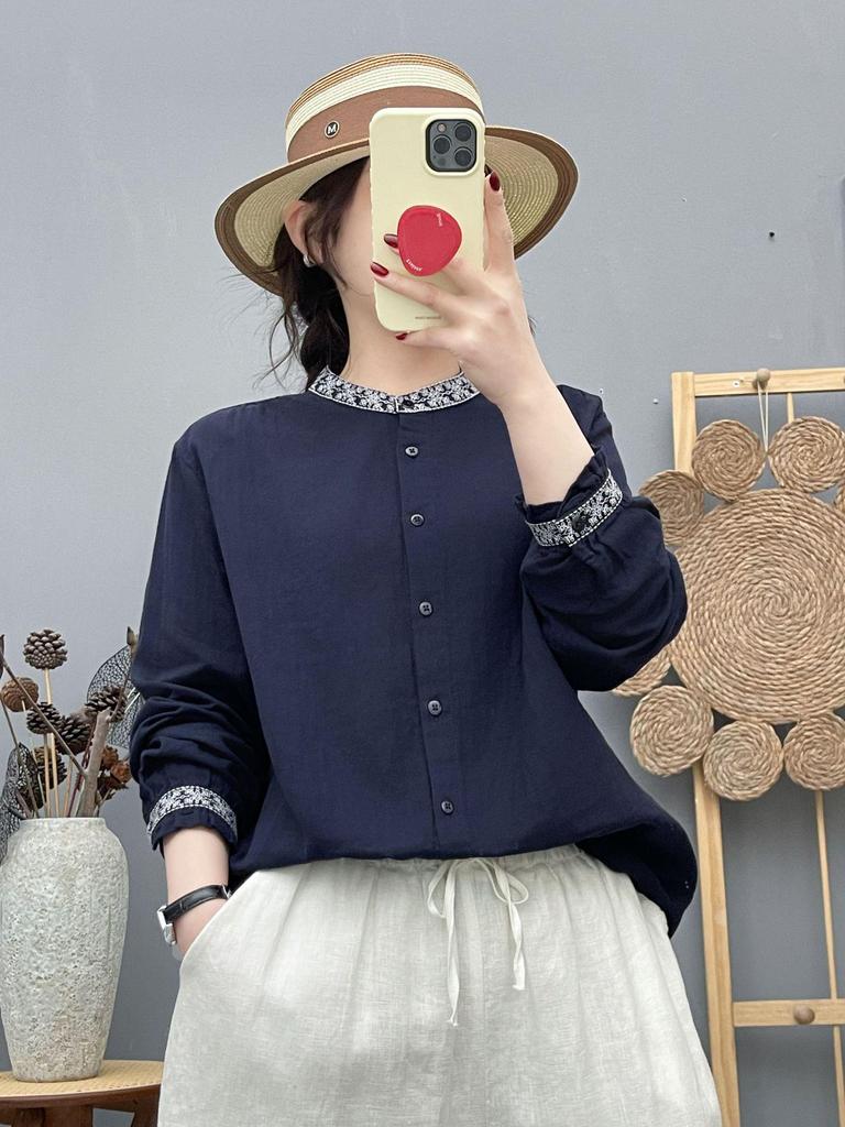 Women's Ethnic Embroidered Double-Layer Gauze Stand-Collar Long-Sleeve Shirt - Spring 2026 Collection