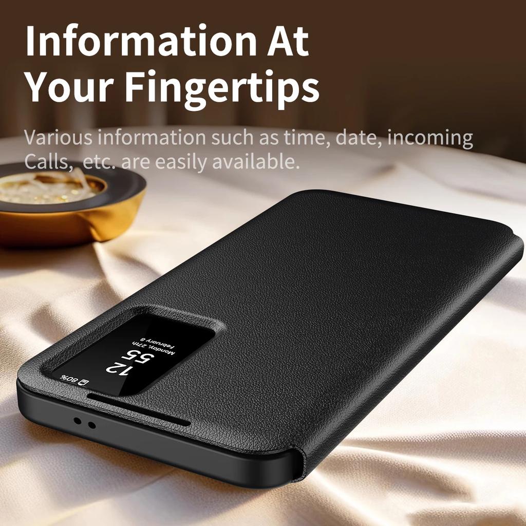 For Samsung Galaxy S25 S23 S24 S26 Ultra A57 A37 Case Original PU Leather Card Pocke Flip Smart Display Transparent Window Cover
