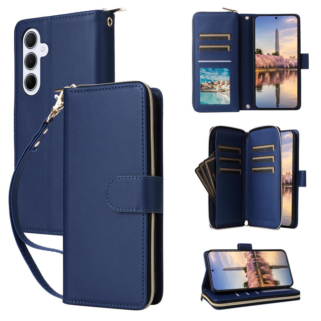 R20 For Samsung Galaxy A35 5G Case PU Leather Zipper Phone Cover with 2 Straps