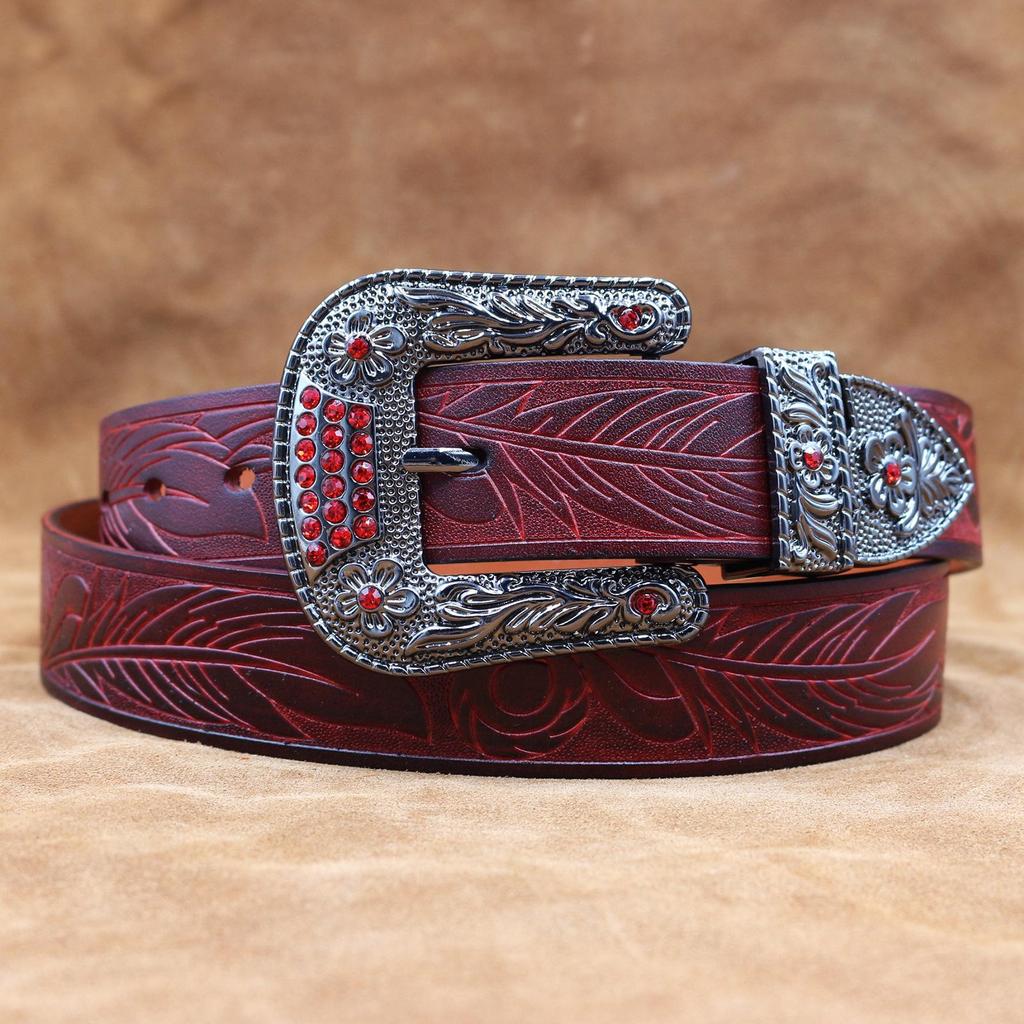 Men's Western Buckle Genuine Cowhide Leather Belt, Thick and Embossed for a Fashionable Look