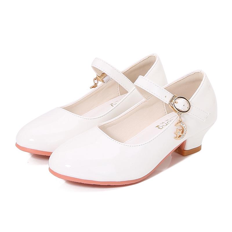 Girls' White Leather High Heels - New 2025 Princess Dance Shoes for Students, Sizes 25-40